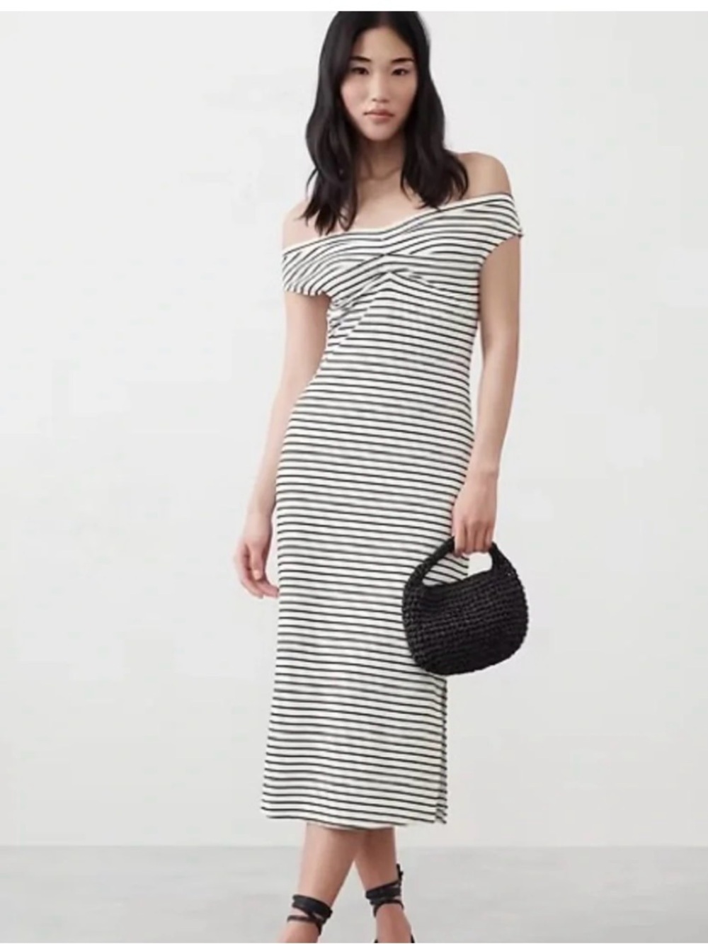 Banana Republic Black & White Striped Off-Shoulder Dress